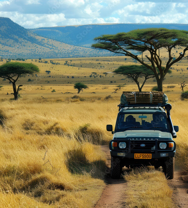 A car on a savannah road in Africa. African landscape during the day.