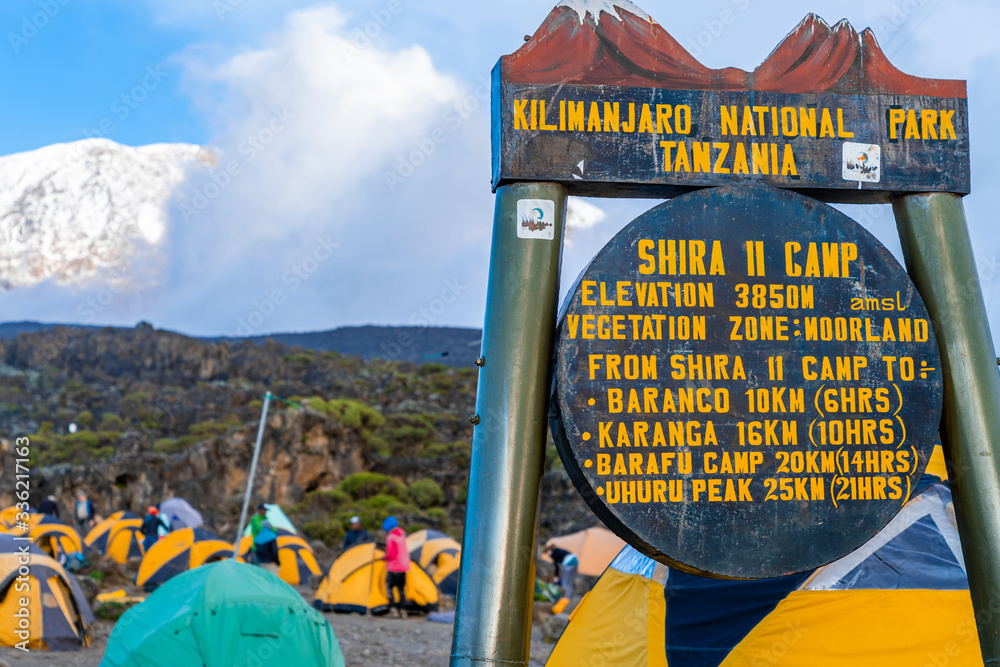Camping on mount Kilimanjaro in tents to see the glaciers in Tanzania, Africa