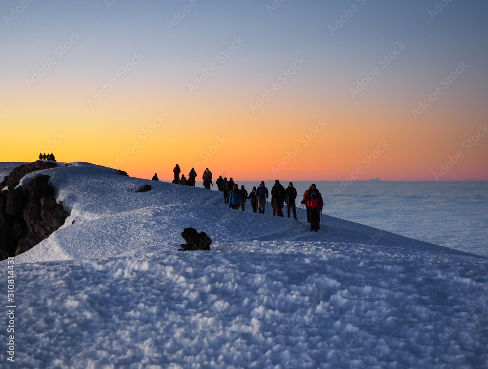 hikers on the ridge ascend mount kilimanjaro the tallest peak in africa.