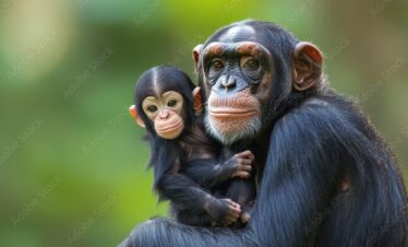 A chimpanzee mother tenderly cradles her infant.