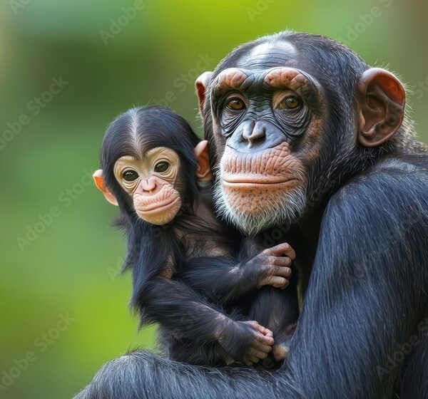 A chimpanzee mother tenderly cradles her infant.