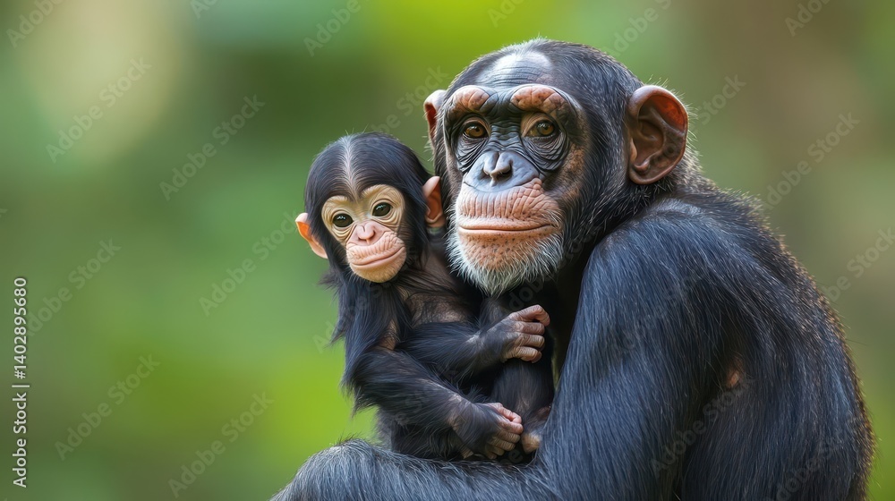 A chimpanzee mother tenderly cradles her infant.
