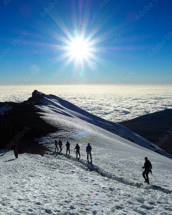 hikers on the ridge ascend mount kilimanjaro the tallest peak in africa.