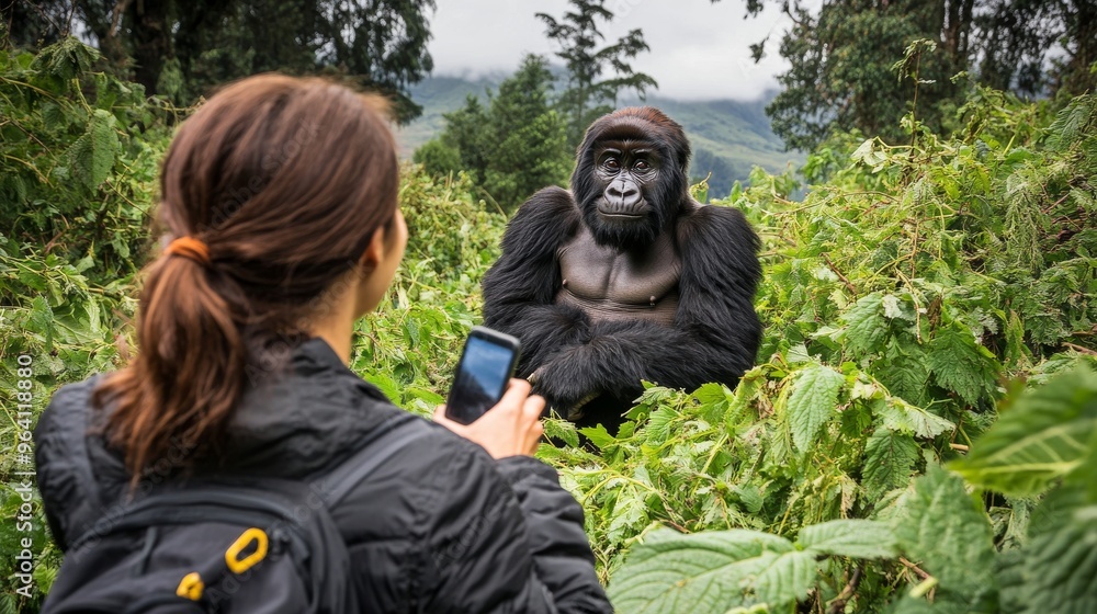 Intimate Moment: Rwandan Couple Observing Mountain Gorillas in Volcanoes National Park