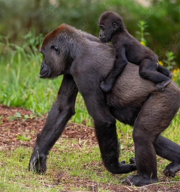 Mother gorilla with baby in forest