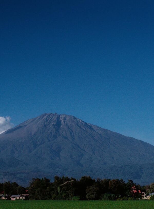 Scenic view of Mount Meru against a clear blue sky in Tanzania, showcasing its volcanic landscape.